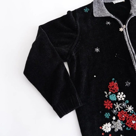 Vintage Allison Daley Black Zip Cardigan Holiday Snowflakes Festive Sweater L - Picture 11 of 16
